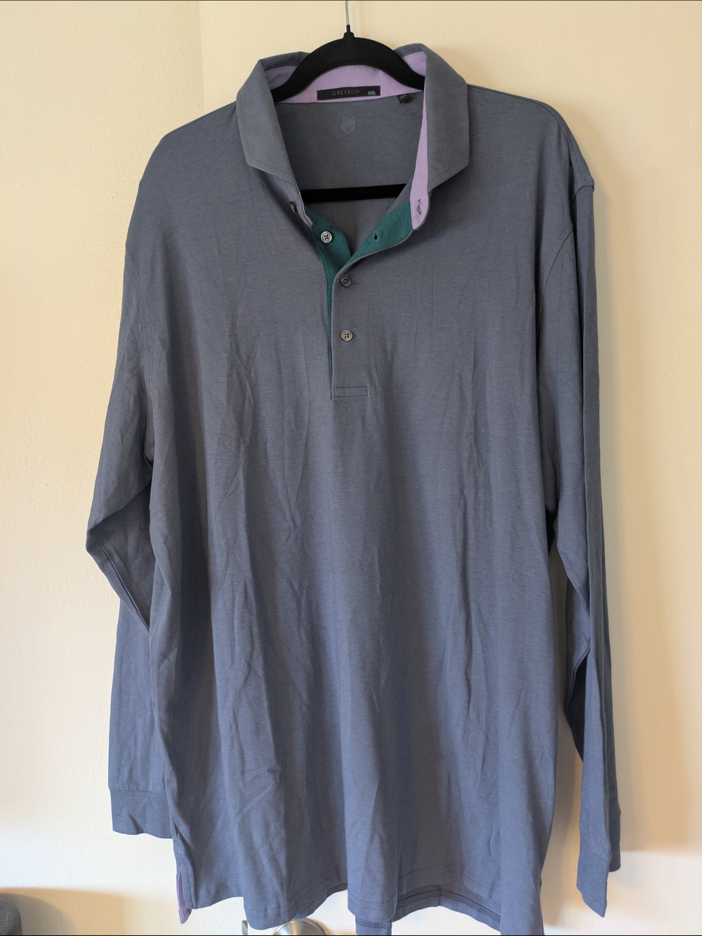 Greyson Men's Long-Sleeve Grey Polo with Purple Trim- XXL (NWOT)